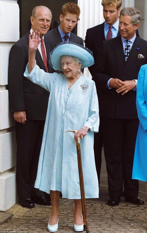 Prince Philip, Prince Harry, Prince William and Prince Charles with the Queen Mother during her 101st birthday celebrations at Clarence House on August 4 in 2001