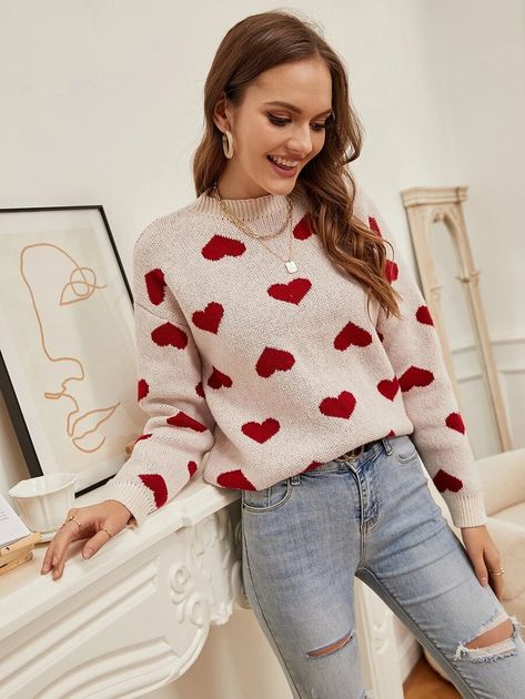 Wrap Front Sweater, Lantern Sleeve Sweater, Striped Knitted Sweater, Drop Shoulder Sweater, Valentines Outfits, Women Sweaters, Drop Shoulder Sweaters, Modest Fashion Outfits, Heart Pattern