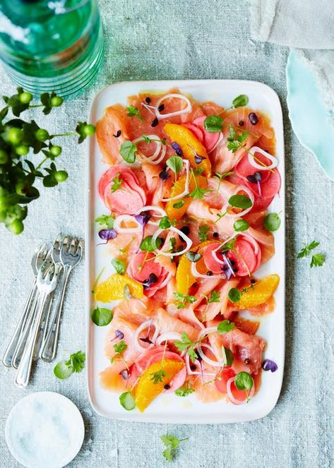 Smoked salmon carpaccio Recipe | Home Beautiful Magazine Australia Smoked Salmon Starter, Salmon Starter, Salmon Carpaccio, Carpaccio Recipe, Aphrodisiac Foods, Sushi Menu, Summer Eating, Gluten Free Dairy Free Recipes, Christmas Dishes