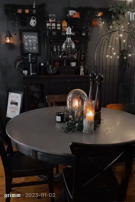 Gothic Kitchen Table, Gothic Dining Table Decor, Gothic Coffee Table Decor, Cottagecore Goth House, Gothic Dinning Room Ideas, Gothic Cottagecore Kitchen, Gothic Breakfast Nook, Goth Apartment Kitchen, Witchy Dining Room Decor