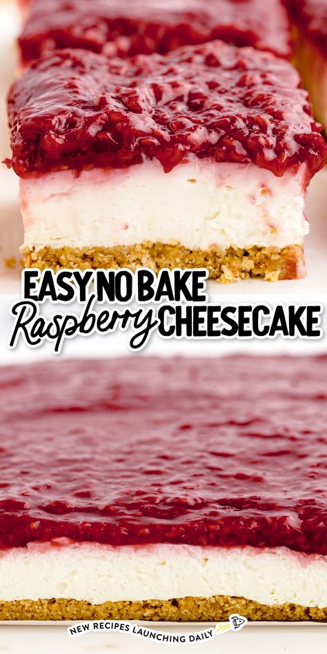 Easy No Bake Raspberry Cheesecake, Red Raspberry Cheesecake, Easy Cheesecake Bars No Bake, Raspberry Slice Recipe, No Bake Cheesecake Squares, No Bake Raspberry Cheesecake Recipes, Turkey Taco Bake, Raspberry Cheesecake No Bake, Raspberry Cheesecake Recipes