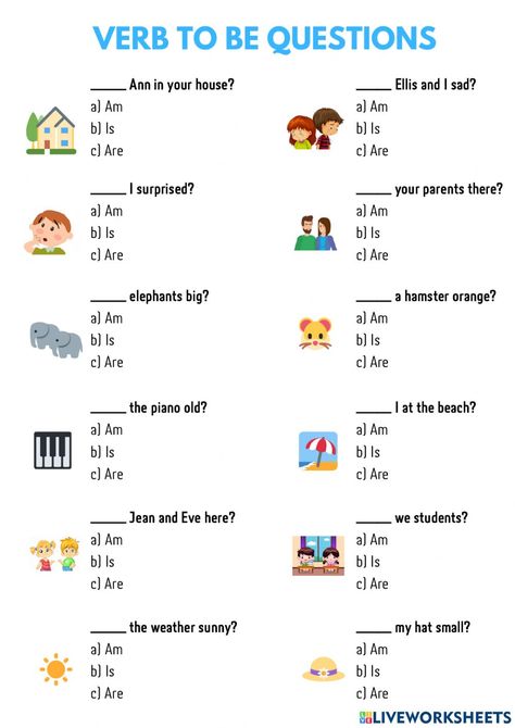 Verb to be - questions interactive exercise for School. You can do the exercises online or download the worksheet as pdf. Verb To Be Questions Worksheet, To Be Verbs Worksheet, Be Verbs Worksheet, Verb To Be Worksheets For Kids, To Be Worksheet For Kids, Verb To Be Worksheets, To Be Worksheet, Activity For School, Verbs Worksheet