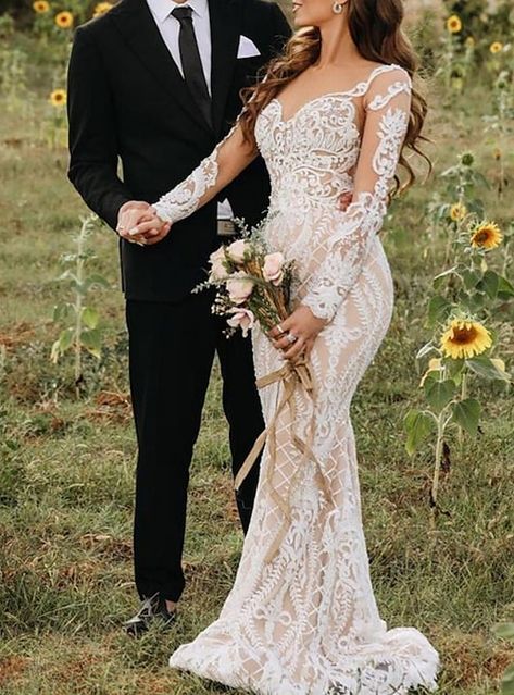 Fitted Wedding Dress With Sleeves, Farmhouse Wedding Dress, Wedding Dresses Mermaid Trumpet, Boho Formal, Long Sleeve Mermaid Wedding Dress, Stylish Gown, Dreamy Wedding Dress, Boho Bridal Gowns, Garden Wedding Dresses