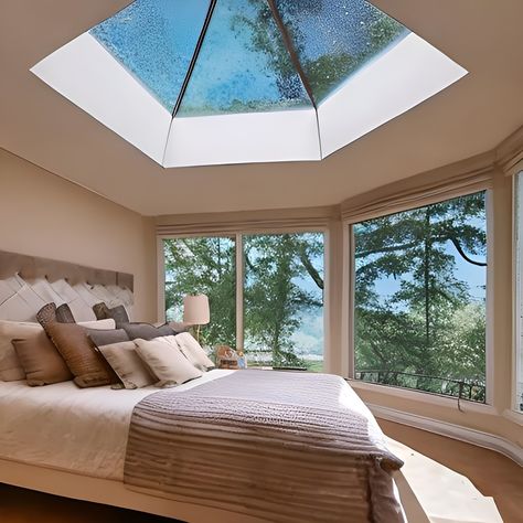 Sun Roofs Ceilings Bedroom, Bedroom Glass Ceiling, Sky Light Bedroom Ideas, Houses With Skylights, Bedrooms With Skylights, Skylight Bedroom Aesthetic, Bedroom With Skylight Ceilings, Sky Window Bedroom, Living Room Skylights