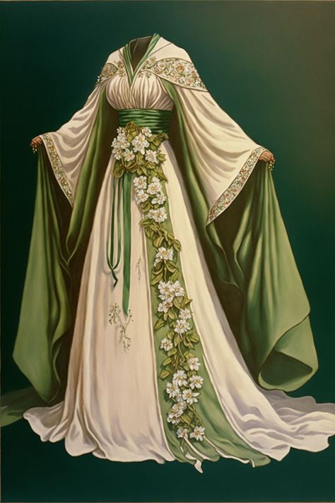 A silken white wedding dress with an empire waist, bedecked in cloth flowers sewn down a green stripe off-center on the dress. Flowing long sleeves drape in front of the green cloak that flows behind. Green Cloak, Vestidos Anime, الفن الرقمي, Silk Wedding Dress, Fantasy Dresses, White Wedding Dress, Cloth Flowers, Dress Drawing, Fantasy Gowns