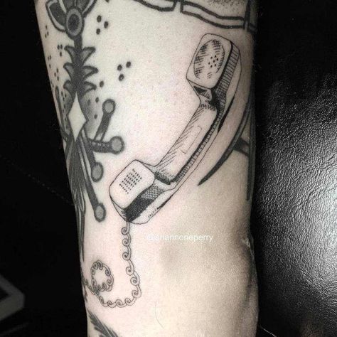 Old-school telephone tattoo Telephone Tattoo, Old School Telephone, Phone Tattoo, Old School Phone, Number Tattoos, Elements Tattoo, Vintage Phone, True Tattoo, Leg Tattoo Men