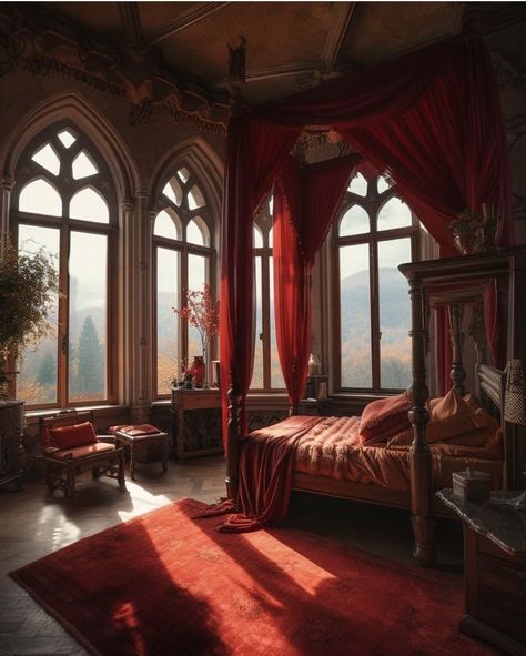 Hogwarts Dorms Gryffindor, Bedroom Ideas Fantasy Dream Rooms, Fantasy Theme Bedroom, Harry Potter Bedroom Gryffindor, Gryffindor Room Aesthetic, Red Royal Bedroom, Gryffindor Common Room Bedroom, Gryffindor Dorm Room Aesthetic, Gryffindor Bedroom Aesthetic