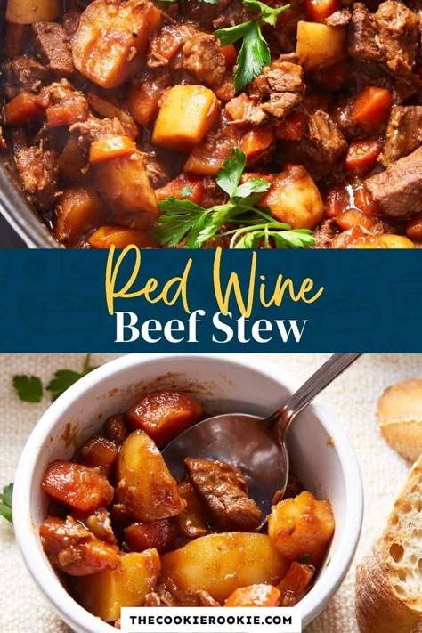 Dutch Oven Beef Stew with Red Wine Recipe - The Cookie Rookie® Beef Stew With Red Wine, Wine Beef Stew, Stew With Red Wine, Red Wine Beef Stew, Dutch Oven Beef Stew, Beef Stew Stove Top, Rich Beef Stew, Oven Beef Stew, Dutch Oven Beef