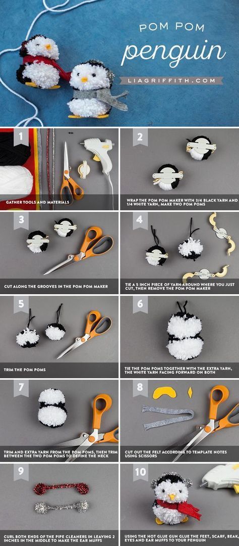 Pom Pom Patterns, Pompom Ideas, Pompoms Diy, Christmas Pom Pom Crafts, Make Pom Poms, Pompon Diy, Pom Pom Animals, Christmas Pom Pom, Penguin Craft