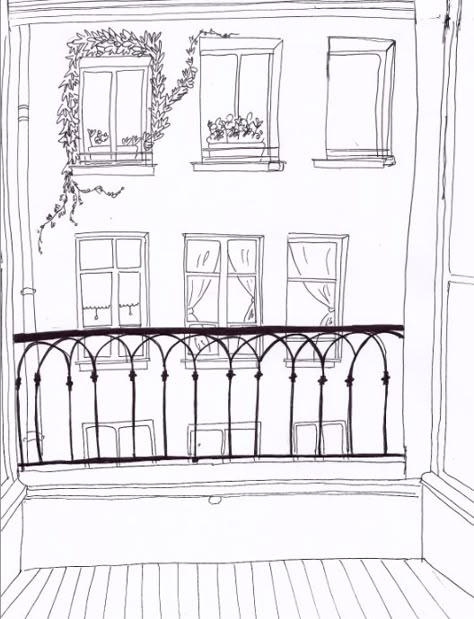 Paris Window Drawing, How To Draw A Balcony, Paris House Drawing, Balcony Illustration Drawings, Balcony Sketch Drawing, Window Drawing Sketch, Paris Drawing Sketches, Window View Drawing, Balcony Sketch