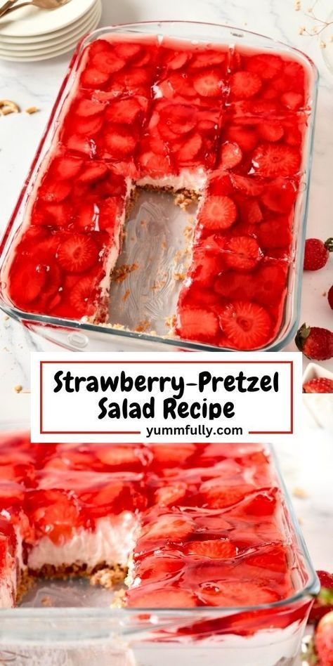 Enjoy this dessert, our Strawberry-Pretzel Salad, a tantalizing combination of crunchy pretzel crust, creamy cheesecake-like filling, and sweet strawberry topping. If you’re hungry for more delectable recipes, click here to explore a variety of culinary creations that will add a delightful touch to your dining experience. Pretzel Salad Recipe, Strawberry Pretzel Salad Recipe, Potato Side Dishes Easy, Strawberry Pretzel Dessert, Congealed Salad, Pretzel Desserts, Jello Dessert Recipes, Strawberry Pretzel Salad, Strawberry Pretzel