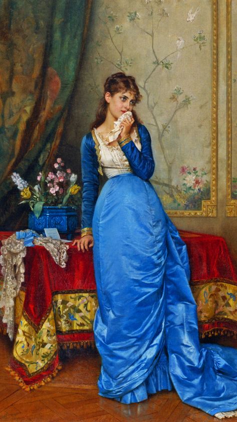 "The Letter"  --  1879  --  Auguste Toulmouche  --  French  --  Oil on canvas  --  Private collection. Auguste Toulmouche, Edouard Manet, Victorian Art, Painting Reproductions, Classical Art, A Mirror, Woman Painting, Historical Fashion, Fashion History