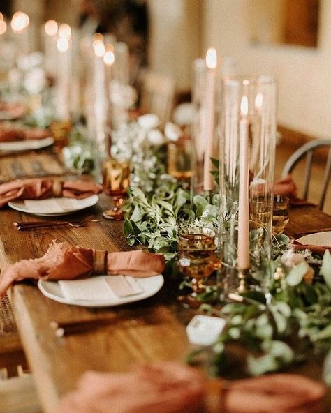 terracotta and sage green wedding Table Settings @colorsbridesmaid Bud Vases And Greenery, Fall Wedding Round Table Decor, Farmhouse Table Wedding Decor, Farmhouse Tables Wedding, Green And Terracotta Wedding, Terracotta Wedding Cake, Sage Green And Terracotta Wedding, Terracotta Wedding Colors, Sage Green And Terracotta