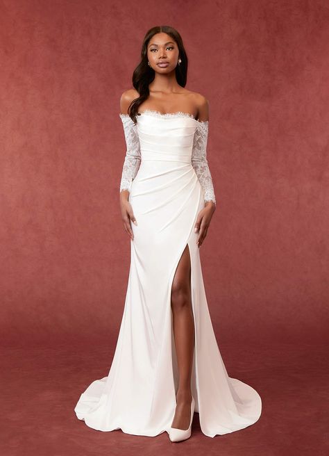 Azazie Onyx Wedding Dress Wedding Dresses | Azazie Long Waist Wedding Dress, Wedding Dress Fitted Simple, Fitted Winter Wedding Dress, Flared Wedding Dress, Off The Shoulder Wedding Dress With Sleeves, Wedding Dress Styles For Short Women, Azazie Wedding Dresses, Wedding Dress Sleeves Lace, Wedding Dress Lace Sleeve