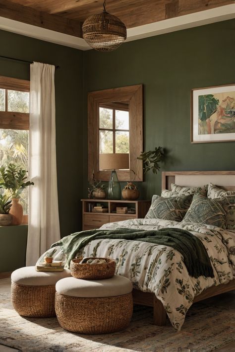 Discover the secrets of using wall art to effortlessly harmonize your bedroom's color scheme. Elevate your decor with expert tips! #ad     #Colortrend #wallpaint2024  #color2024  #DIYpainting  ##DIYhomedecor  #Fixhome Home Decor Colour Palette, Green And Off White Bedroom, Olive Green And Caramel Bedroom, Boho Room Green Walls, Colors That Go With Wood Trim, Olive Green Color Palette Bedrooms, Rustic Color Schemes For The Home, Overtly Olive Bedroom, Sherwin Williams Olive Grove