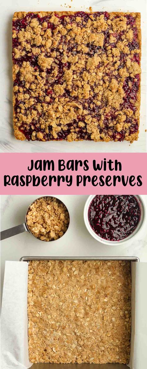 These Jam Bars with Raspberry Preserves require only one bowl to prepare. They feature a basic jam layer sandwiched between two layers of oatmeal crumble. Whether you enjoy them for breakfast, as a snack, or as dessert, they're a delightful treat for any time of day! Recipes Using Raspberry Preserves, Gluten Free Jam Bars, Raspberry Preserves Desserts, Recipes With Raspberry Jam, Raspberry Jam Desserts, Recipes Using Jam, Raspberry Jam Bars, Oatmeal Jam Bars, Recipe Using Jam