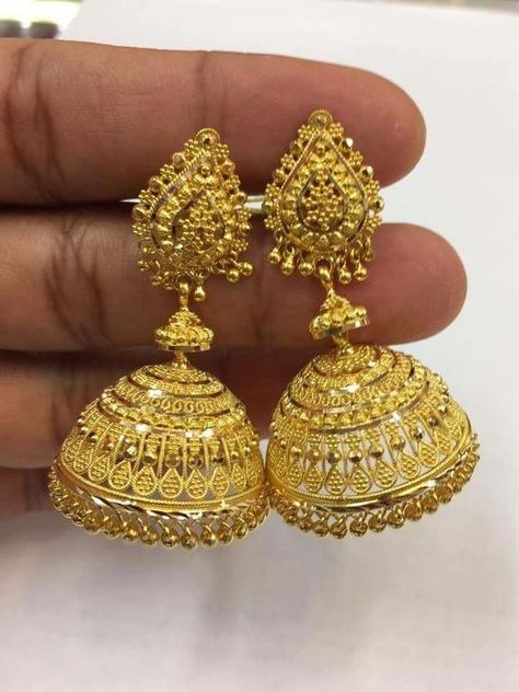 Sparkling Fashion: Gold Jhumka Earring designs latest 2019/ Gold buttalu Jhumka Designs Gold, Gold Jhumka Designs, Gold Buttalu, Gold Jhumka, Jhumka Designs, Gold Earrings Indian, Gold Jhumka Earrings, Gold Bridal Jewellery Sets, Gold Bridal Earrings