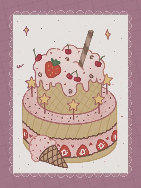 Cake Drawings Aesthetic, Cute Cake Drawing Easy, Baking Pose Reference Drawing, Kawaii Cake Drawings, Bday Cake Drawing, Cake Drawing Reference, Drawing Of Cake, Birthday Cake Drawing Aesthetic, Birthday Drawings Easy