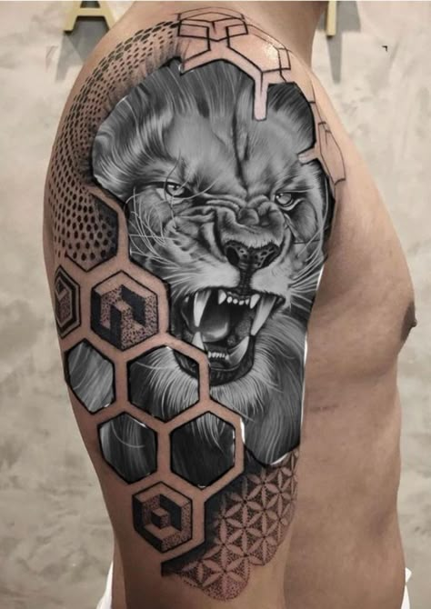 Arlo Tattoo, Animal Tattoos For Men, Geometric Lion Tattoo, Tiger Tattoo Sleeve, Tier Tattoo, Lion Tattoo Sleeves, Mens Lion Tattoo, Geometric Lion, Tattoo Dotwork