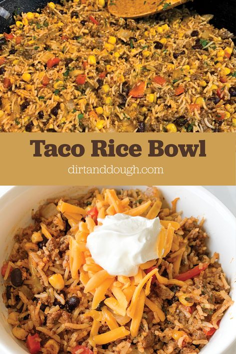 Simple and easy taco rice bowl. This is a great week day dinner or when you need something on the table fast. Ground taco meat with corn, black beans, rice and all your favorite taco toppings. #tacotuesday #taco #tacoricebowl #tacorice #tacoskillet Taco Rice Bowl Beef, Black Bean Taco Bowl, Leftover Taco Meat Recipes Healthy, Ground Chicken Taco Bowl, Leftover Taco Meat Ideas, Taco Meat Recipes Leftover, Easy Taco Rice, Ground Chicken Rice Bowl, Taco Rice Bowl