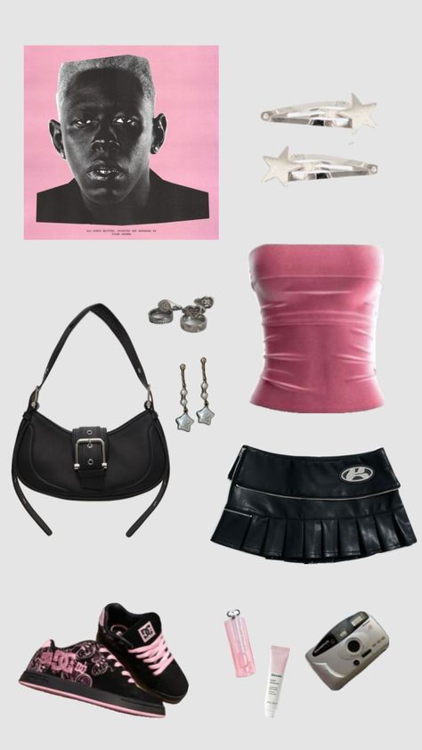 IGOR inspired outfit #tylerthecreator #outfit #outfitinspo #igor #igortylerthecreator #beauty #black #pink #blackandpink #vintage Tyler The Creator Inspired Fits, Tyler The Creator Outfits Concert, Tyler Creator Outfits, Tyler Concert Outfit, Tyler The Creator Outfits Women Concert, Igor Outfit, Igor Costume, Tyler The Creator Clothes, Chromakopia Outfit