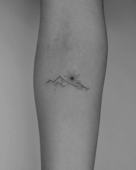 Mountain tattoo done in fine line, located on the inner Under Elbow Tattoos For Women, Fine Line Nature Tattoo, Inner Tattoo, Norway Tattoo, Moutain Tattoos, Above Elbow Tattoo, Small Mountain Tattoo, Berg Tattoo, Tattoo Sonne