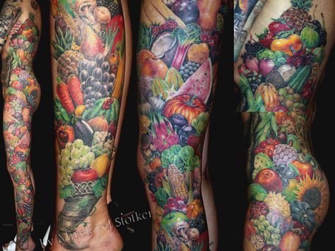 horn of the fruits tattoo by Mirek vel Stotker by stotker, via Flickr Vegetable Tattoo, Dragon Fruit Flower, Cooking Tattoo, Inked Magazine Tattoos, Culinary Tattoos, Chef Tattoo, Fruit Tattoo, Food Tattoos, Vegan Tattoo