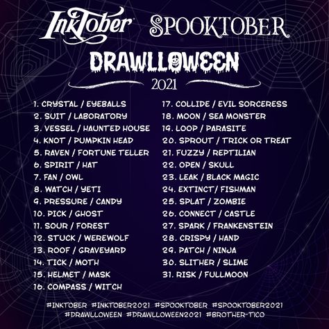 October List Draw, Month Drawings October, 1 Month Art Challenge, Spooktober Prompts, Spooktober Art Challenge, Ink Tober Prompts, October Art Challenge, Art Prompts Challenges, Tober Prompts