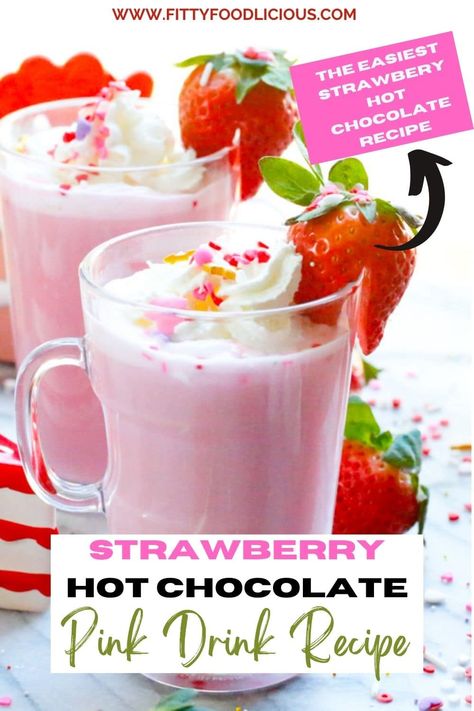 Strawberry Hot Chocolate | Pink Drink Recipe - Fitty Foodlicious Strawberry Hot Chocolate, Pink Drink Recipe, Pink Drink Recipes, Winter Drink, White Hot Chocolate, Sugar Free Vegan, Nut Milk Bag, Spring Months, Pink Drink