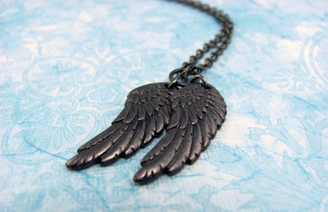 Double Wing Necklace in Gunmetal by LuvCherie Jewelry Castiel Wings, Raven Wings, Wings Necklace, Fallen Angels, Supernatural Fans, Casual Cosplay, Black Wings, Wing Necklace, Nerd Girl