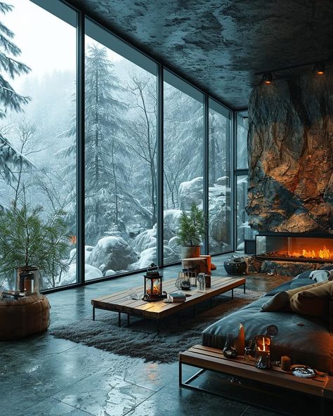 Black Cabin, Bergen, Norway by Soheil Ki|Visualization Black Cabin, Aesthetic Interior Design, Living Roofs, Minimalist Architecture, Forest House, Architecture Visualization, Winter House, Glass House, Sustainable Design