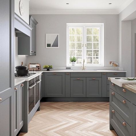 Not just another grey, Dust Grey is a hue that looks equally as beautiful across a whole kitchen, or paired with another colour for a… Shaker Style Kitchen Cabinets, Grey Shaker Kitchen, Shaker Style Kitchen, Open Plan Kitchen Living Room, Kitchen Door Handles, Shaker Style Kitchens, Painted Kitchen, Kitchen Gallery, Kitchen Cabinet Doors