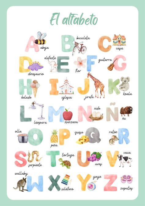 Abc Posters For Classroom, Learning Posters For Toddlers, Alphabet Posters For Classroom, Spanish Alphabet Chart, Preschool Spanish Lessons, Educational Prints, Teaching Learning Material, Abc Wall, Spanish Alphabet