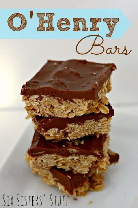 Caramel Bars Recipe, Oatmeal Bars Recipes, Chocolate Oatmeal Bars, O Henry, Six Sisters Stuff, Caramel Bars, Butter Bars, Chocolate Oatmeal, Birthday Desserts