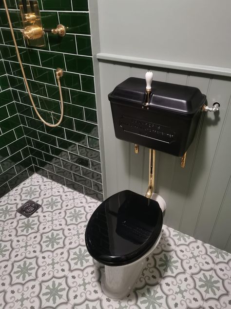 Victorian Shower Room, Goth House, Victorian Toilet, Goth Houses, Small Shower Room, Downstairs Cloakroom, Small Shower, Black Toilet, Small Showers