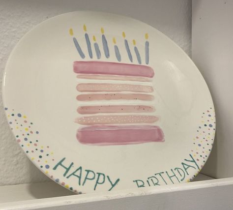 Birthday Cake Plate Diy, Cake Plate, Birthday Plate Ideas, Birthday Plates Diy, Painted Birthday Plate, Birthday Plate Ceramic, Pottery Painting Birthday Plate, Birthday Plates Ceramic Diy Boy, Pottery Birthday Plate