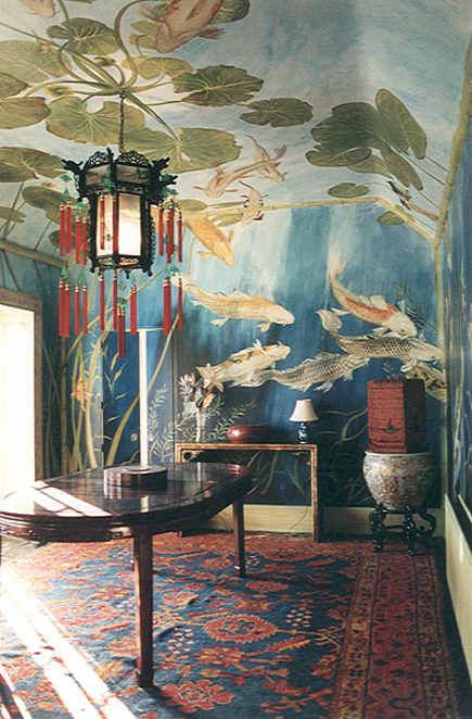 Koi pond mural on walls and ceiling. Boho Style Room, Chinoiserie Mural, Chinoiserie Chic, Fish Ponds, Bohol, Ponds, Koi Fish, The Room, Home Fashion