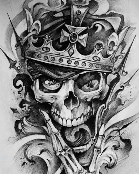 Tattoo Crane, Evil Skull Tattoo, Skull Rose Tattoos, Skull Art Tattoo, Skull Sleeve Tattoos, Clock Tattoo Design, Tattoo Trend, King Tattoos, Skull Art Drawing