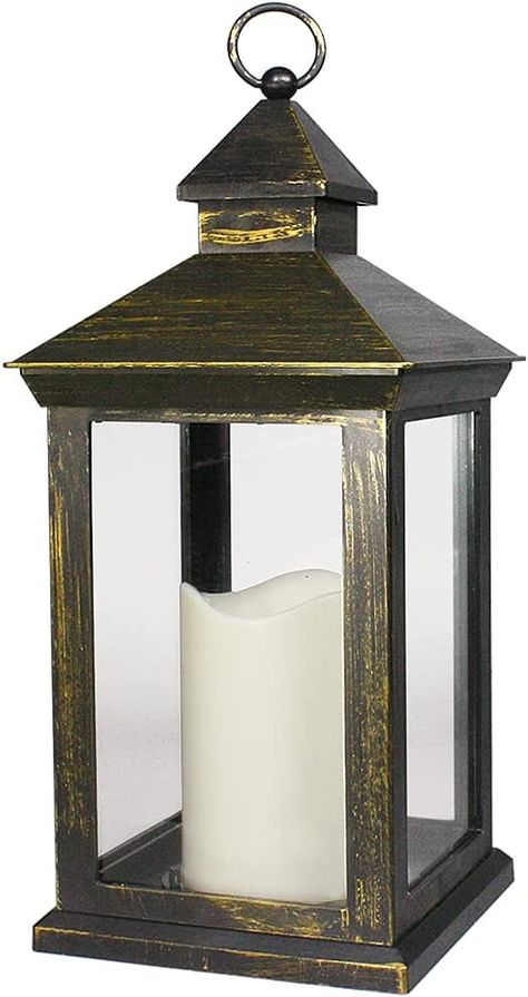 Amazon.com: Bright Zeal 14" Tall Vintage Decorative Lantern With LED Pillar Candle (Distressed Gold, Batteries Included) - Outdoor Lanterns Decorative Hanging - Battery Lantern With Timer - Vintage Candle Lantern : Home & Kitchen Big Lantern, Christmas Car Decorations, Battery Lantern, Lantern Ideas, Iron Chandelier, Lantern Candle Decor, Led Pillar Candle, Vintage Candle, Candle Lantern