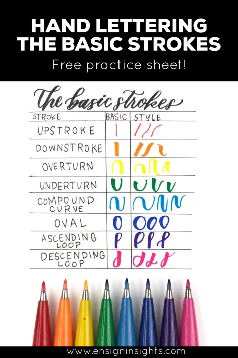 Do you practice the basic strokes? Hand lettering the basic strokes is so important. Download this free calligraphy strokes chart. | Ensign Insights Calligraphy Strokes, Brush Letters, Letras Cool, Hand Lettering Practice Sheets, Free Calligraphy, Hand Lettering For Beginners, Hand Lettering Worksheet, Learn Hand Lettering, Typography Book