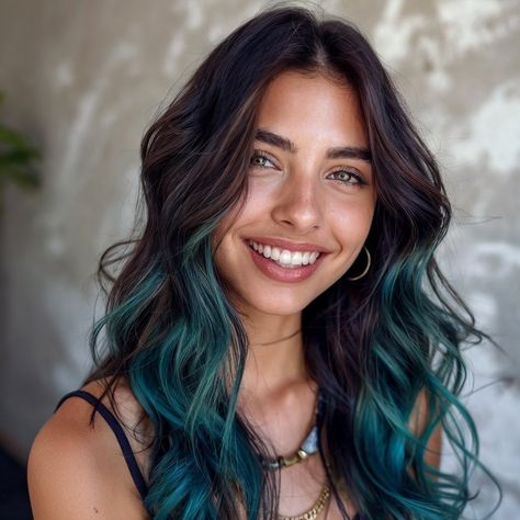 Brown Hair With Teal Tips, Brown Hair With Teal Underneath, Dark Brown Hair With Teal Highlights, Brown Hair Teal Highlights, Teal Ends Hair, Blue Highlights In Brown Hair Curly, Blue Hair On Brown Hair, Teal Money Piece Hair, Teal And Brown Hair