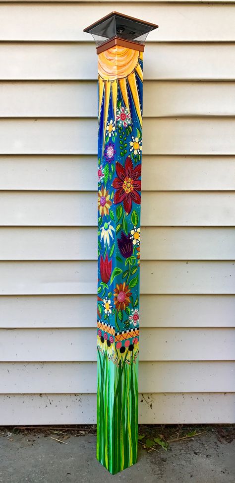 Garden Totem, Wood post, acrylic paints, solar light cap Peace Pole Diy, Peace Pole, Solar Light Crafts, Garden Totem, Art Pole, Painted Post, Garden Totems, Garden Poles, Pole Art