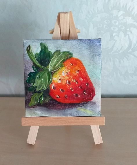 Strawberry Art Original Painting Fruit Tiny Artwork Small Oil Painting Canvas on Mini Easel Fruit Still Life Tiny Wall Art Fruit Artwork - Etsy Tiny Artwork, Strawberry Painting, Painting Mini Canvas, Slate Painting, Fruit Artwork, Painting Fruit, Strawberry Art, Fruit Still Life, Mini Easel