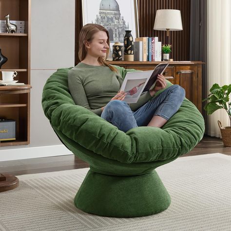 PRICES MAY VARY. 【360° Swivel Papasan Chair】The swivel accent chair's 360-degree swivel feature provides ultimate flexibility, allowing you to easily turn in any direction and change your view at any time without standing up. Smooth 360-degree swiveling makes no noise and won't damage your floors. 【Thicker Cushion for Upgraded Comfort】 Selected luxury Chenille fabric, this swivel round chair is soft and breathable. The extra-thick cushion is filled with a high-density sponge, which has good resi Living Room Dark Green, Oversized Reading Chair, Unique Kid Rooms, Fluffy Sofa, Living Room Dark, Green Room Decor, Comfy Reading Chair, Chair Comfy, Chair For Bedroom