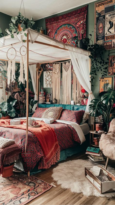 Bohemian-style bedroom with a canopy bed, colorful textiles, plants, and dreamcatchers. Cozy Bedroom Maximalist, Canopy Bed Eclectic, Maximalist Canopy Bed, Boho Maximalism Bedroom, Eclectic Bedroom Vintage, Hippie Room Decor Bohemian, Bedroom Maximalist, Ethnic Bedroom, Eclectic Maximalism Blankets