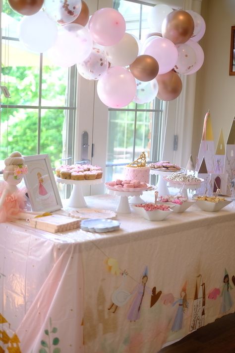 Small Princess Party Ideas, Simple Princess Birthday Decorations, 2nd Princess Birthday, Muted Disney Princess Party, Generic Princess Birthday Party, Classic Princess Birthday Party, Indoor Princess Party, Four Year Old Princess Party, 4 Year Princess Birthday Party