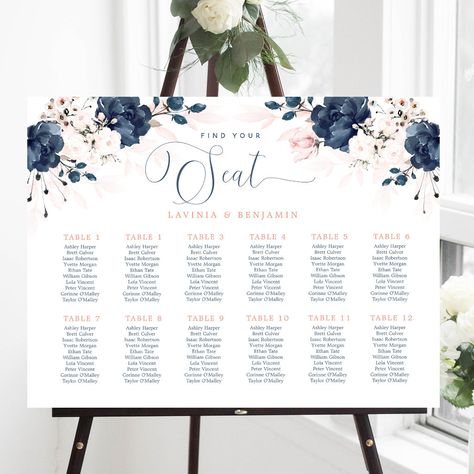 Navy Blue And Blush Pink Rustic Wedding, Navy Blue And Blush Pink Wedding Decor Table Settings, Dark Blue And Pink Wedding, Blue And Blush Wedding Theme, Blush Pink And Navy Blue Wedding, Wedding Sitting Chart, Navy Blue And Pink Wedding, Blue And Blush Pink Wedding, Navy Wedding Theme