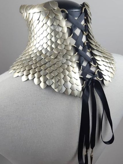 Posture Collar, Neck Corset, Scale Mail, Black Neck, Body Adornment, Mens Gear, Gold Tips, Chain Maille, Dragon Scale