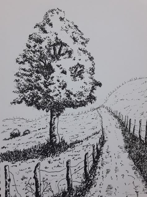 Fineliner Landscape, Pen Art Landscape, Drawing Landscapes Pencil, Landscape Pen Drawing, Tree Drawing Black And White, Landscape Drawings Pencil, Cool Animal Tattoos, Ink Drawing Techniques, Animal Tattoo Ideas