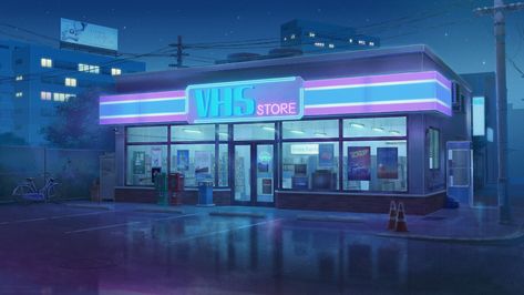 Rain Ambience, Color Script, Video Store, Anime Maid, Desktop Wallpaper Art, Movie Nights, Cyberpunk Art, Anime Scenery Wallpaper, Laptop Wallpaper